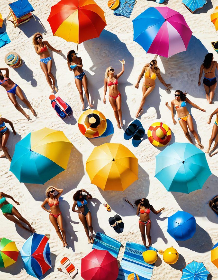 A vibrant beach scene featuring an array of playful beachwear styles from colorful swimsuits to chic cover-ups. Include people engaging in beach activities like volleyball or lounging under umbrellas, all radiating confidence and joy. The backdrop of a sunny, blue ocean and golden sands enhances the lively atmosphere. Elements like beach accessories, sunglasses, and beach balls add to the playful vibe. super-realistic. vibrant colors. white background.