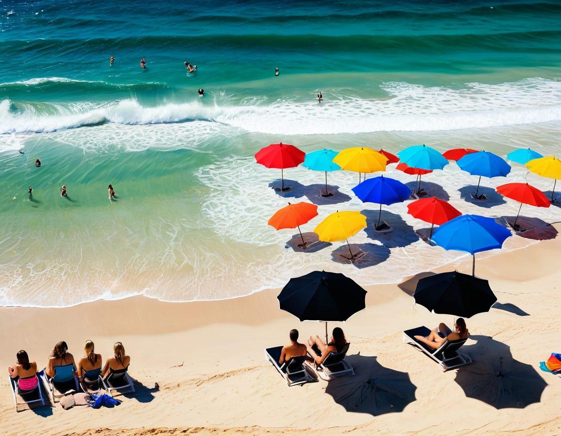 A vibrant beach scene featuring diverse models showcasing the latest swimwear trends, including sleek black swimsuits and fashionable booty-enhancing designs. Add colorful beach umbrellas and sunbathers in the background to enhance the summer vibe. The ocean waves crashing gently in the foreground to create a lively atmosphere. super-realistic. vibrant colors. sunny beach setting.